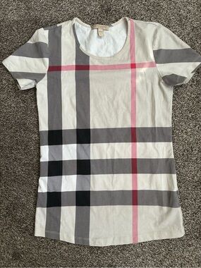 Burberry Cream Plaid Cotton Tee with Pink Stripe